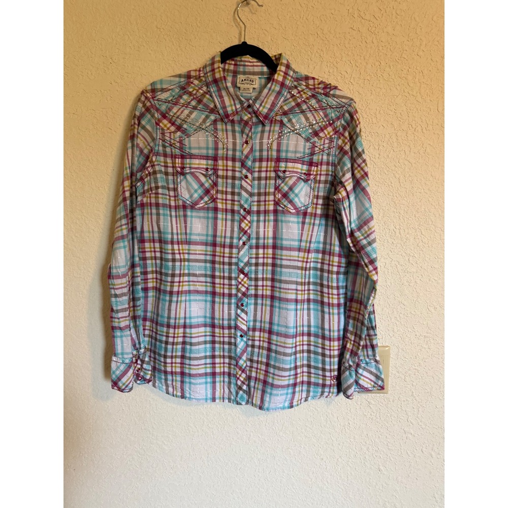 Ariat Women XL Plaid Western Snap Shirt Rhinestone Metallic Long Sleeve Western